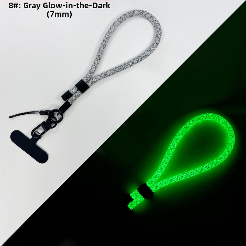 Ланярд за телефон със светлинен ефект, регулируем и отделяем за китката (Плетена конструкция; Полиестерово въже; Метална катарама; Метална висулка; Форма на висулката: Друга)