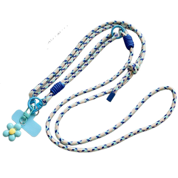 Телефонна презрамка – нейлон, полиестерен ремък, метална катарама, акрилна геометрична висулка, ръчна изработка