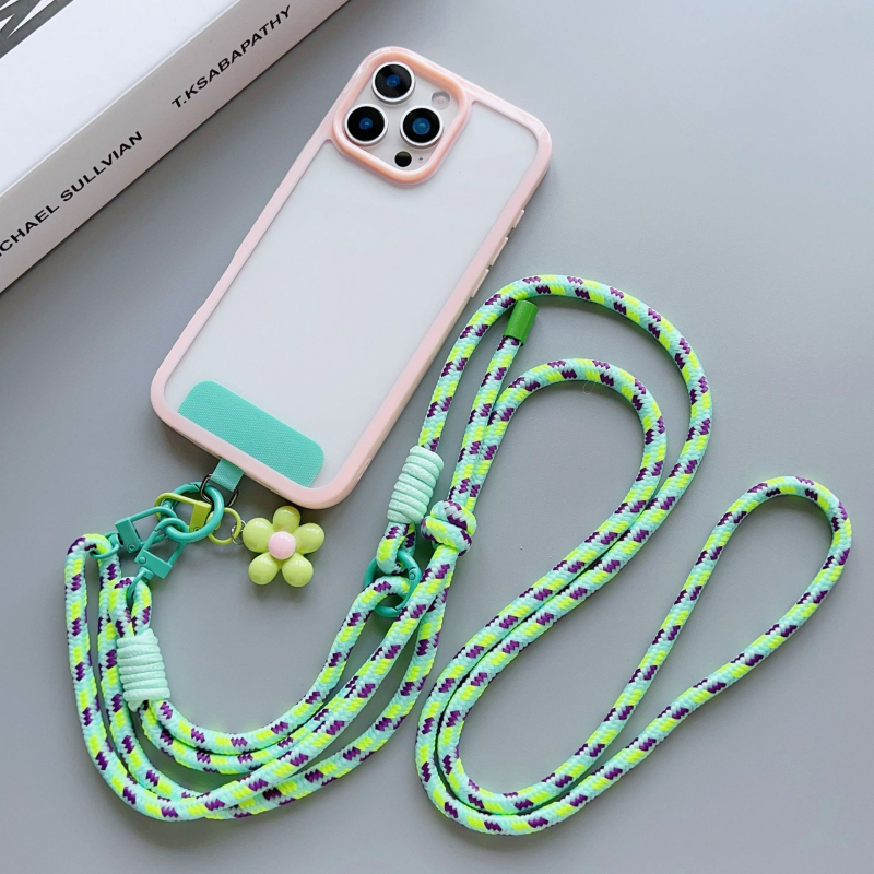 Телефонна презрамка – нейлон, полиестерен ремък, метална катарама, акрилна геометрична висулка, ръчна изработка