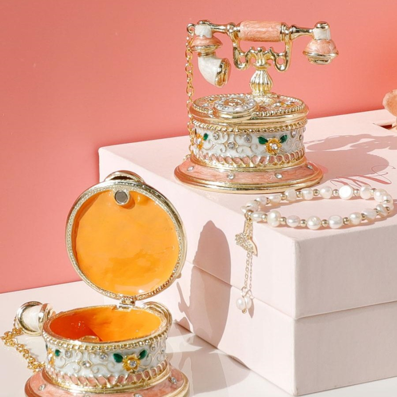 Cutie vintage pentru bijuterii cu telefon, cutie emailată realizată manual, stil pastoral, material hârtie, protecție împotriva prafului, pentru bijuterii, model 1003033512