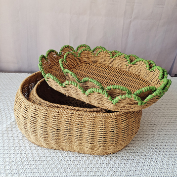 Κουτί αποθήκευσης σε σχήμα φαν από ρατάν με καπάκι, πλεκτό για καλλυντικά και κοσμήματα, προσαρμόσιμο μοντέλο, σετ 3 κουτιά, στυλ Nordic