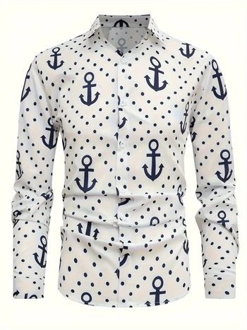 Мъжка риза с ретро флорален принт и цветово блокиране, Slim Fit, дълъг ръкав, Turn-Down яка, 96% ацетат