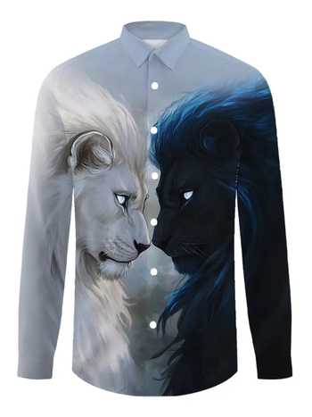 Мъжка риза с ретро флорален принт и цветово блокиране, Slim Fit, дълъг ръкав, Turn-Down яка, 96% ацетат