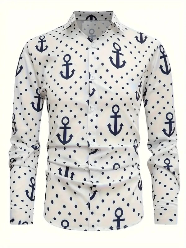 Ανδρικό πουκάμισο με ρετρό φλοράλ εκτύπωση και χρωματικό μπλοκ, Slim Fit, μακριά μανίκια, Turn-Down γιακά, 96% ακέτα ίνες