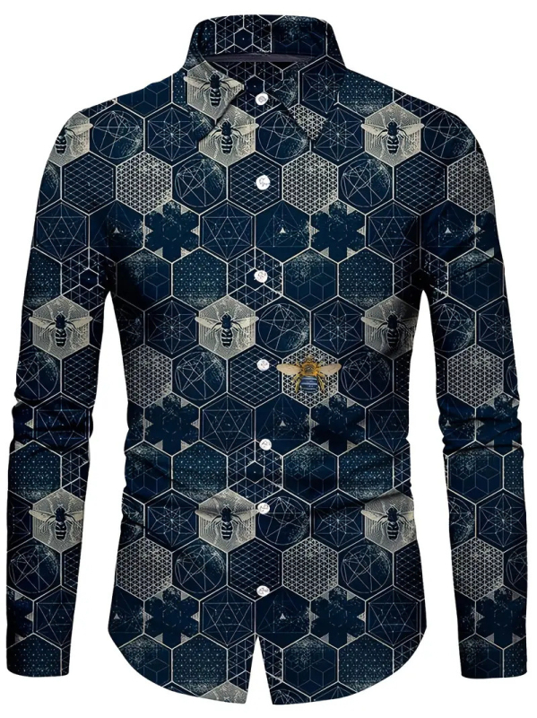 Мъжка риза с ретро флорален принт и цветово блокиране, Slim Fit, дълъг ръкав, Turn-Down яка, 96% ацетат