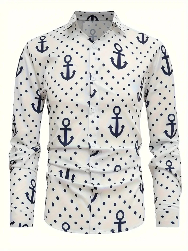 Мъжка риза с ретро флорален принт и цветово блокиране, Slim Fit, дълъг ръкав, Turn-Down яка, 96% ацетат