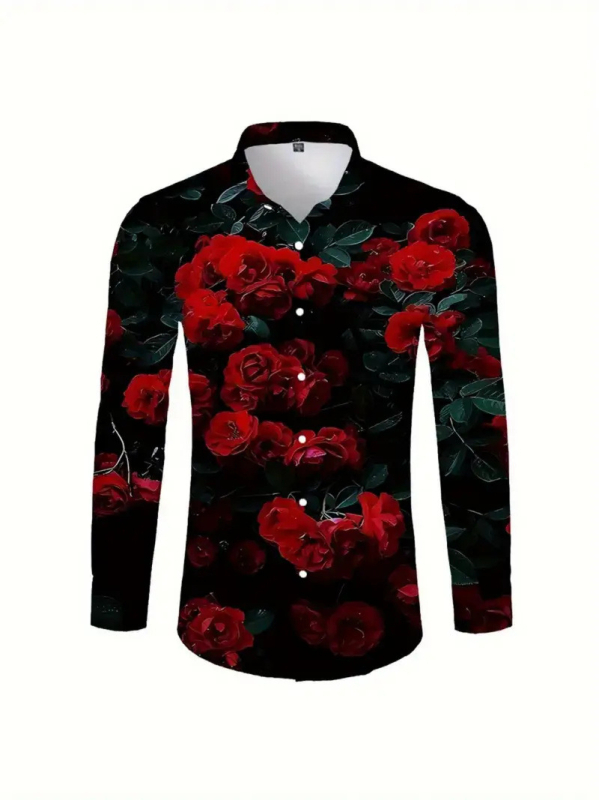 Мъжка риза с ретро флорален принт и цветово блокиране, Slim Fit, дълъг ръкав, Turn-Down яка, 96% ацетат