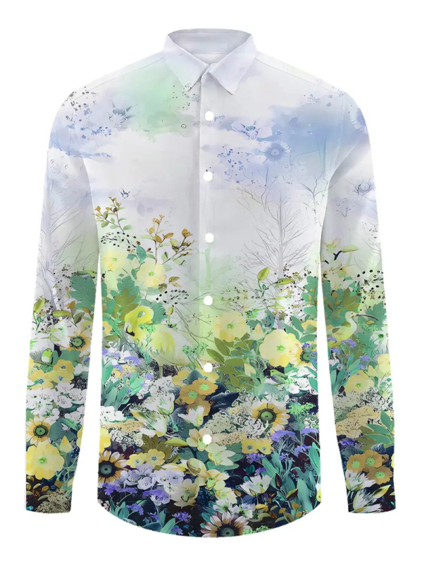 Мъжка риза с ретро флорален принт и цветово блокиране, Slim Fit, дълъг ръкав, Turn-Down яка, 96% ацетат