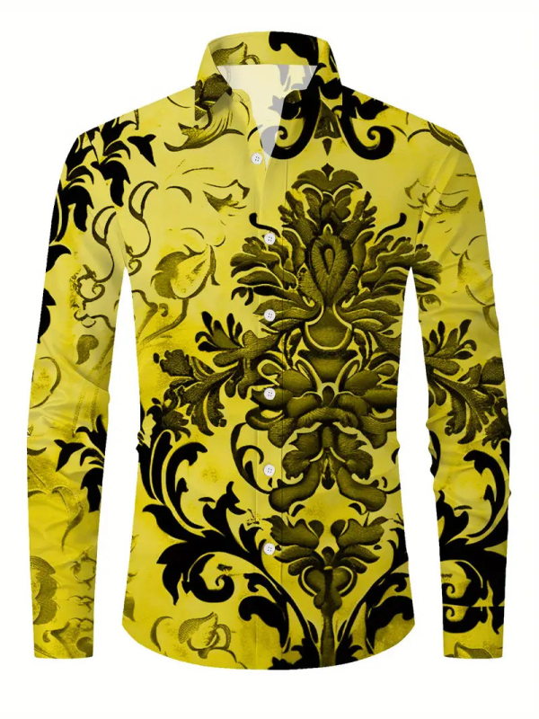 Мъжка риза с ретро флорален принт и цветово блокиране, Slim Fit, дълъг ръкав, Turn-Down яка, 96% ацетат