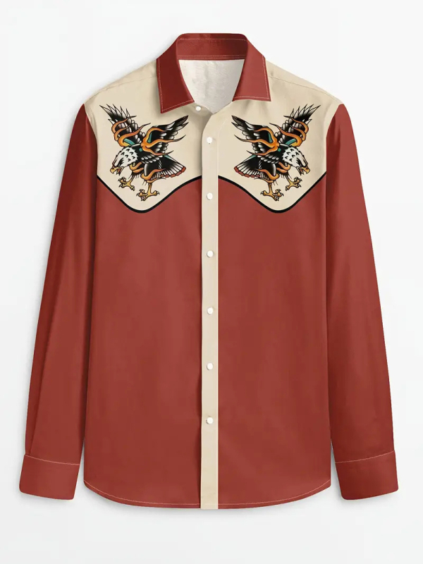 Мъжка риза с ретро флорален принт и цветово блокиране, Slim Fit, дълъг ръкав, Turn-Down яка, 96% ацетат