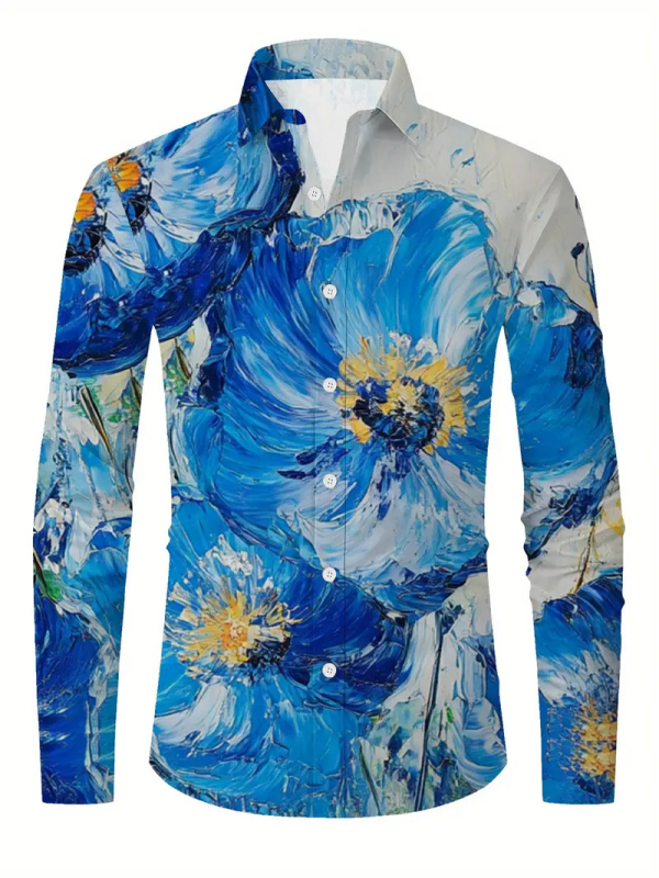 Мъжка риза с ретро флорален принт и цветово блокиране, Slim Fit, дълъг ръкав, Turn-Down яка, 96% ацетат