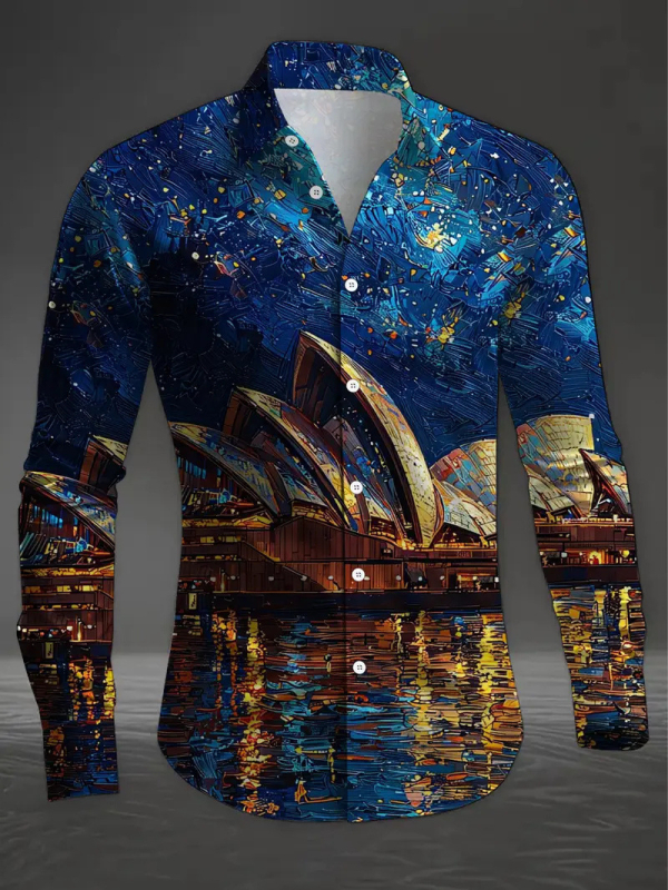 Мъжка риза с ретро флорален принт и цветово блокиране, Slim Fit, дълъг ръкав, Turn-Down яка, 96% ацетат