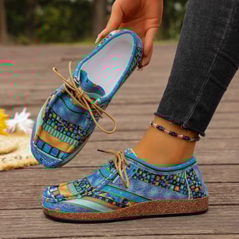 Γυναικείες casual παπούτσια σε εθνοτικό στυλ, με κορδόνια, χαμηλό προφίλ, PU πάνω μέρος, καουτσούκ σόλα