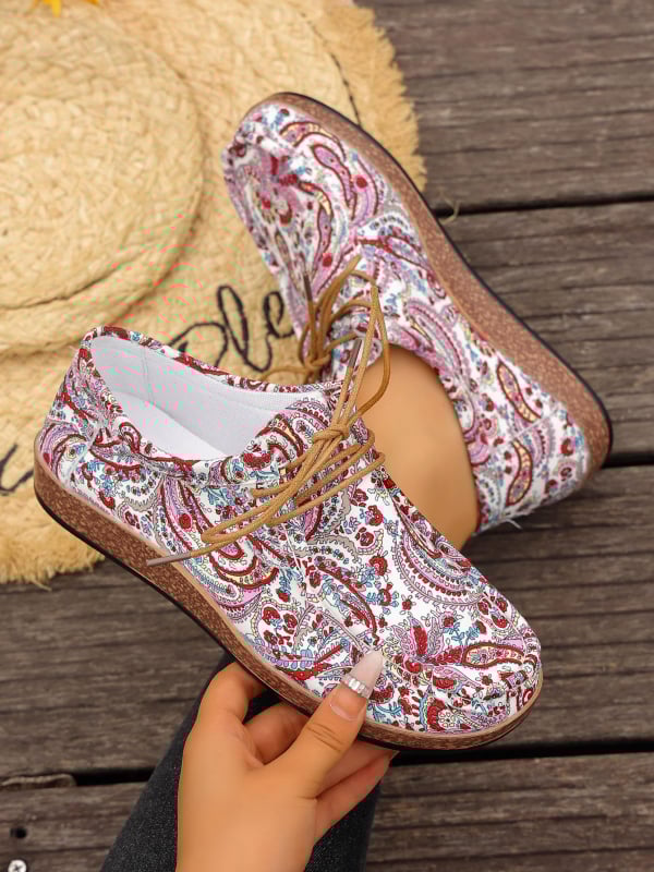 Γυναικείες casual παπούτσια σε εθνοτικό στυλ, με κορδόνια, χαμηλό προφίλ, PU πάνω μέρος, καουτσούκ σόλα