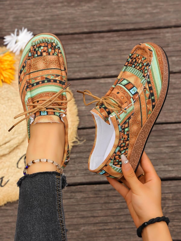 Γυναικείες casual παπούτσια σε εθνοτικό στυλ, με κορδόνια, χαμηλό προφίλ, PU πάνω μέρος, καουτσούκ σόλα