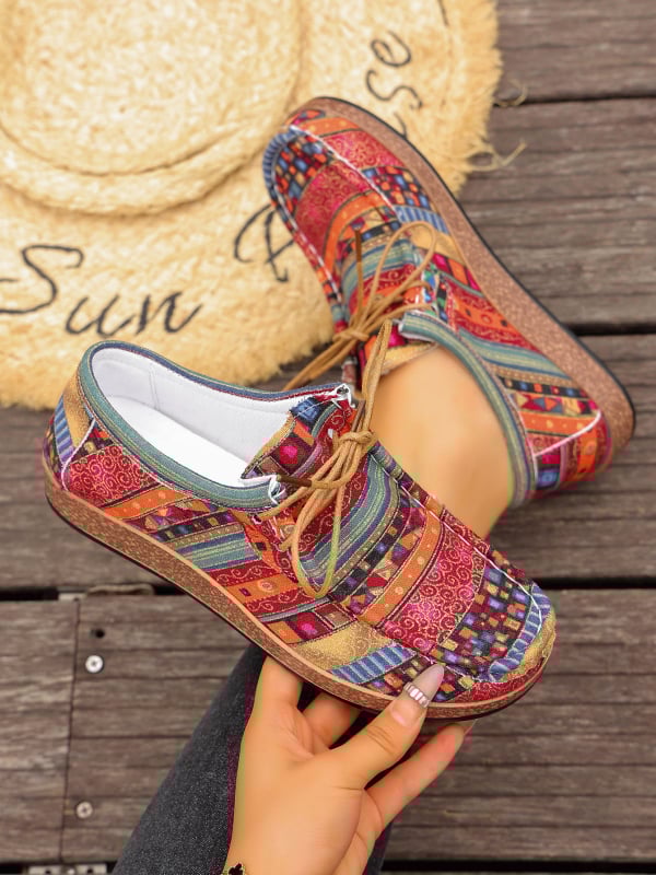 Γυναικείες casual παπούτσια σε εθνοτικό στυλ, με κορδόνια, χαμηλό προφίλ, PU πάνω μέρος, καουτσούκ σόλα