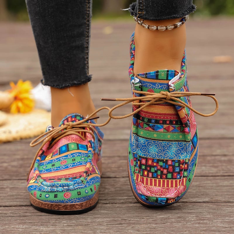 Γυναικείες casual παπούτσια σε εθνοτικό στυλ, με κορδόνια, χαμηλό προφίλ, PU πάνω μέρος, καουτσούκ σόλα