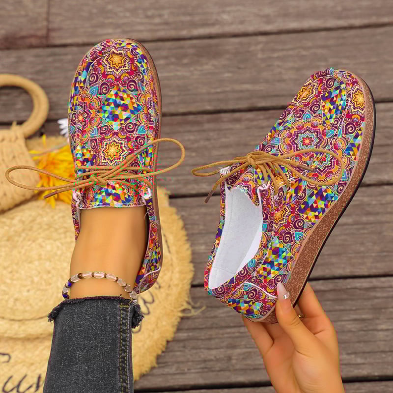 Γυναικείες casual παπούτσια σε εθνοτικό στυλ, με κορδόνια, χαμηλό προφίλ, PU πάνω μέρος, καουτσούκ σόλα
