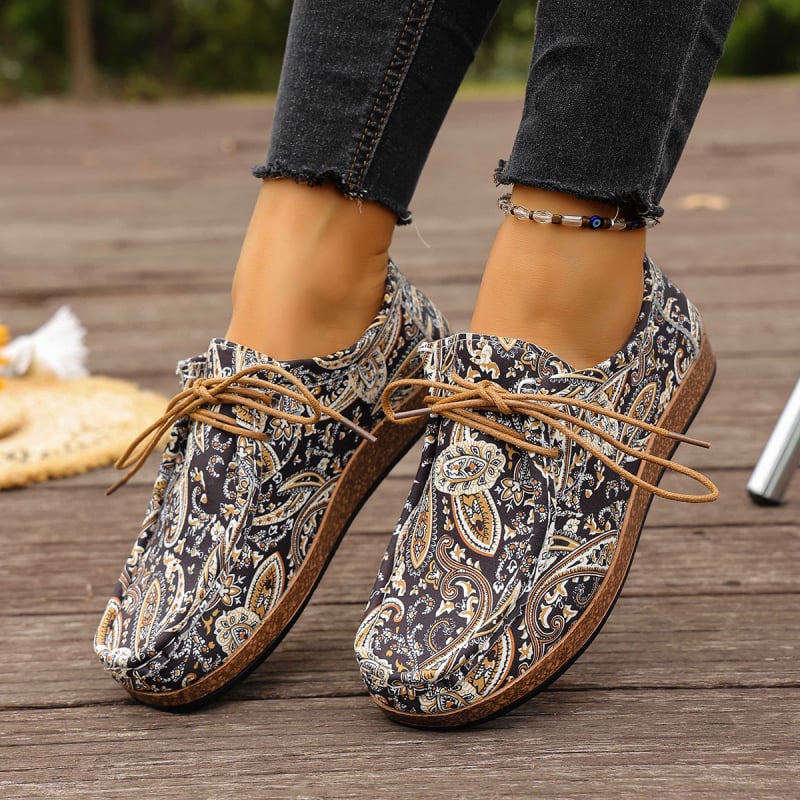 Γυναικείες casual παπούτσια σε εθνοτικό στυλ, με κορδόνια, χαμηλό προφίλ, PU πάνω μέρος, καουτσούκ σόλα
