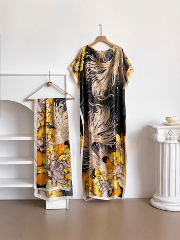 Μακρύ φόρεμα με μανίκια τύπου batwing, εκτύπωση σε πολυεστέρα (95%+), 3/4 μανίκια, κυκλοφορία 2025, κομψό στυλ