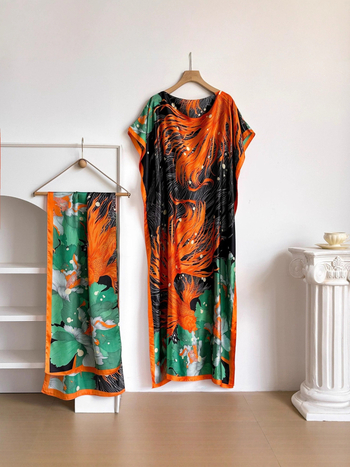 Μακρύ φόρεμα με μανίκια τύπου batwing, εκτύπωση σε πολυεστέρα (95%+), 3/4 μανίκια, κυκλοφορία 2025, κομψό στυλ