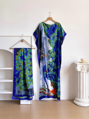 Μακρύ φόρεμα με μανίκια τύπου batwing, εκτύπωση σε πολυεστέρα (95%+), 3/4 μανίκια, κυκλοφορία 2025, κομψό στυλ