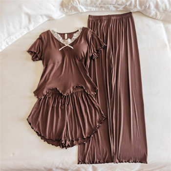 Modal σετ πιτζάμάς τριών τεμαχίων με αποσπώμενη επένδυση στήθους, δαντελένιο στυλ νεράιδας, κοντό μανίκι, V-λαιμόκοψη