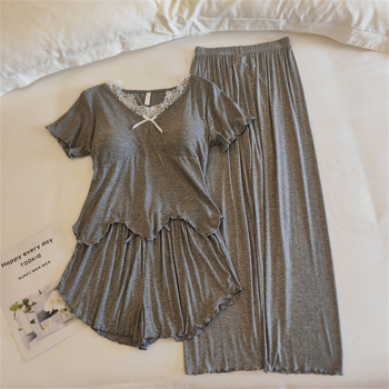 Modal σετ πιτζάμάς τριών τεμαχίων με αποσπώμενη επένδυση στήθους, δαντελένιο στυλ νεράιδας, κοντό μανίκι, V-λαιμόκοψη