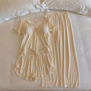 Modal σετ πιτζάμάς τριών τεμαχίων με αποσπώμενη επένδυση στήθους, δαντελένιο στυλ νεράιδας, κοντό μανίκι, V-λαιμόκοψη