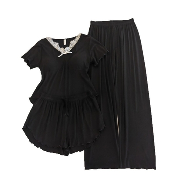 Modal σετ πιτζάμάς τριών τεμαχίων με αποσπώμενη επένδυση στήθους, δαντελένιο στυλ νεράιδας, κοντό μανίκι, V-λαιμόκοψη