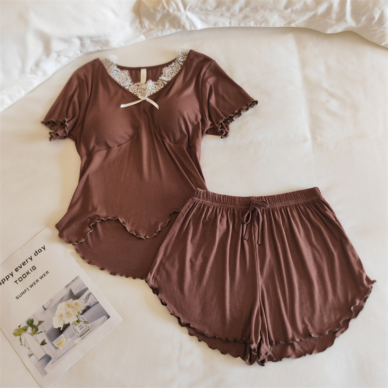 Set de pijamale din modal, trei piese, cu inserție detașabilă pentru bust, dantelă în stil zână, mâneci scurte, decolteu în V