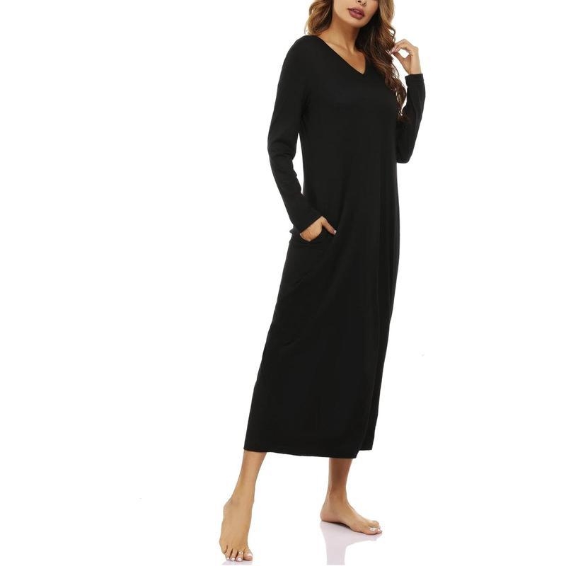 Дамска памучна дълга нощница с дълги ръкави и флис от едната страна, луксозно спално облекло за пролетта