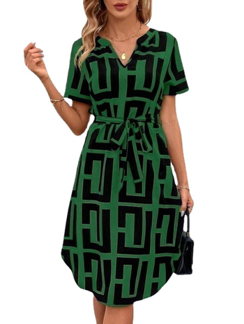 Φόρεμα από πολυεστέρα με ρίγες, V-λαιμό, κοντό μανίκι, Α-γραμμή