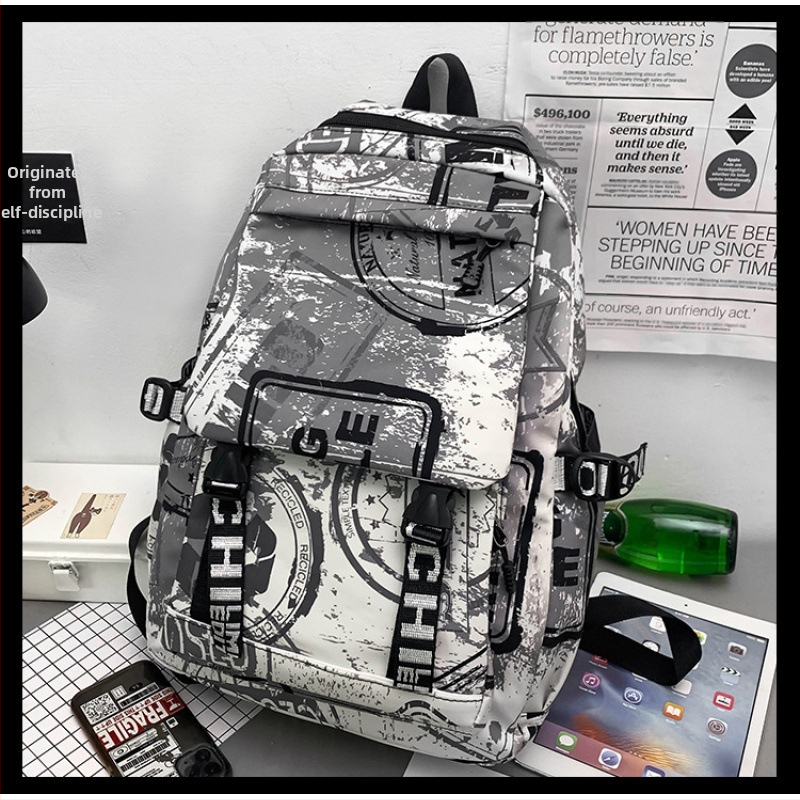 Unisex nailoninė kuprinė su kamufliažiniu graffiti raštu, 20–35 L, kvėpuojanti, atspari vandeniui, atspari dėvėjimuisi, oro pagalvės pečių dirželiai