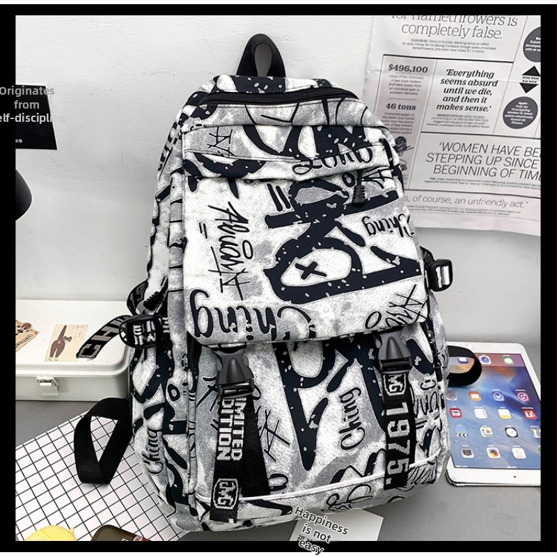 Unisex nailoninė kuprinė su kamufliažiniu graffiti raštu, 20–35 L, kvėpuojanti, atspari vandeniui, atspari dėvėjimuisi, oro pagalvės pečių dirželiai