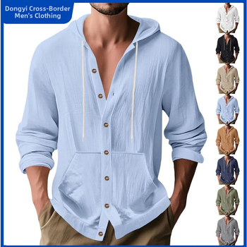 Мъжка риза с дълъг ръкав и качулка, памук 91–95%, тънък плат, тясна кройка, едноцветна