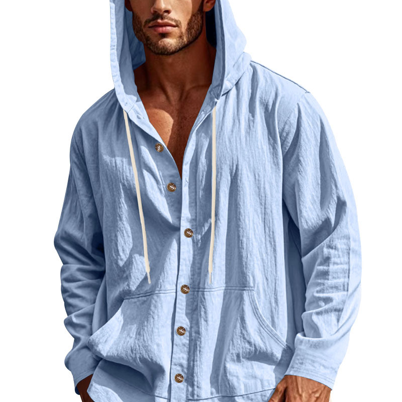 Мъжка риза с дълъг ръкав и качулка, памук 91–95%, тънък плат, тясна кройка, едноцветна