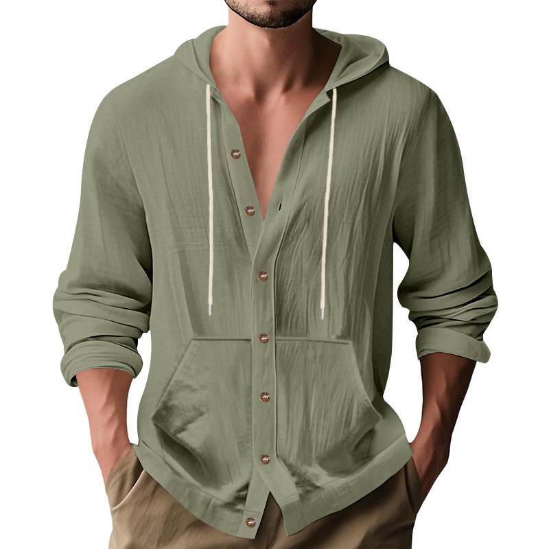 Мъжка риза с дълъг ръкав и качулка, памук 91–95%, тънък плат, тясна кройка, едноцветна