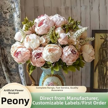 Mesterséges peónia növény 13 fejjel és európai stílusú nagy levelekkel, selyem virágokkal, otthoni dekorációhoz