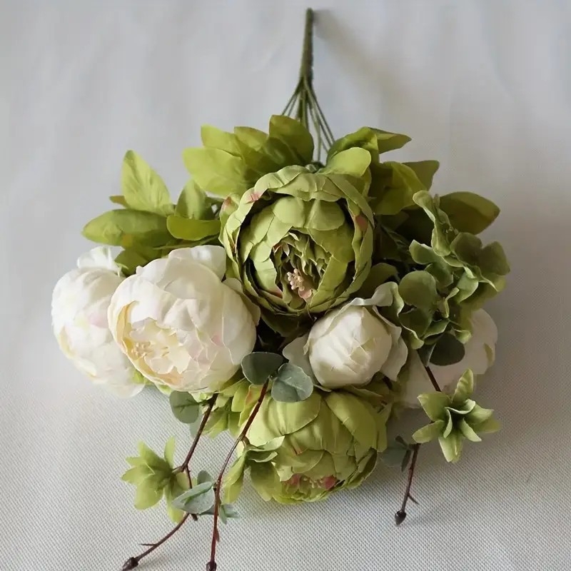 Mesterséges peónia növény 13 fejjel és európai stílusú nagy levelekkel, selyem virágokkal, otthoni dekorációhoz