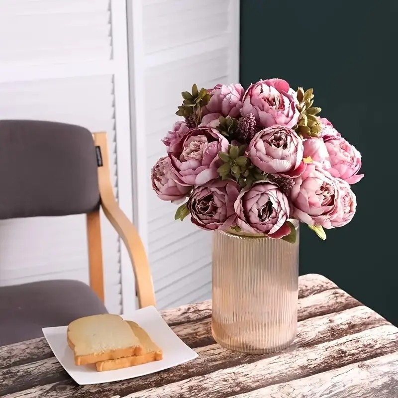 Mesterséges peónia növény 13 fejjel és európai stílusú nagy levelekkel, selyem virágokkal, otthoni dekorációhoz