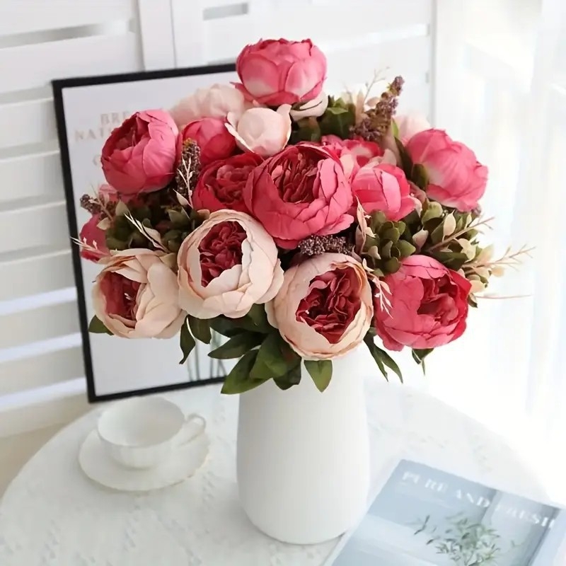 Mesterséges peónia növény 13 fejjel és európai stílusú nagy levelekkel, selyem virágokkal, otthoni dekorációhoz
