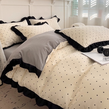 Спален комплект от четири части, измит памук, дантела от лотосови листа, Хепбърн стил, флорални мотиви, френски стил чаршафи, 800–1000 г/комплект