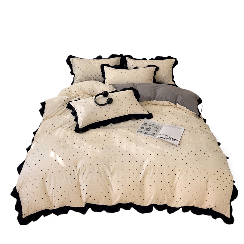 Set de pat din bumbac spălat, dantelă cu foi de lotus, stil Hepburn, imprimeu floral, stil foi franțuzesc, 800–1000 g