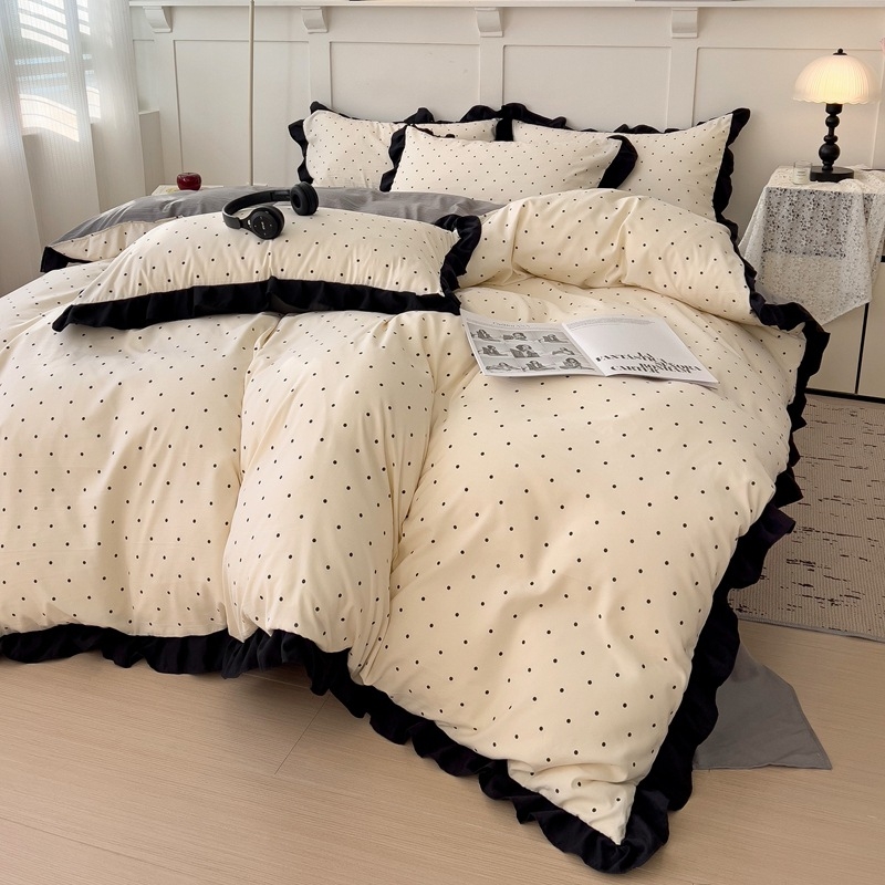 Set de pat din bumbac spălat, dantelă cu foi de lotus, stil Hepburn, imprimeu floral, stil foi franțuzesc, 800–1000 g