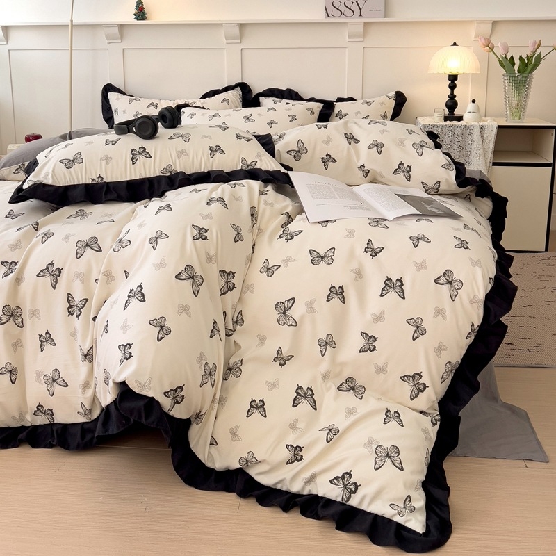 Set de pat din bumbac spălat, dantelă cu foi de lotus, stil Hepburn, imprimeu floral, stil foi franțuzesc, 800–1000 g