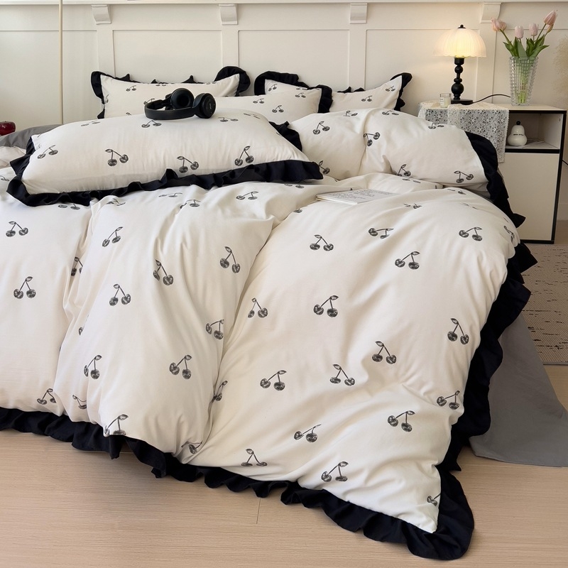 Set de pat din bumbac spălat, dantelă cu foi de lotus, stil Hepburn, imprimeu floral, stil foi franțuzesc, 800–1000 g