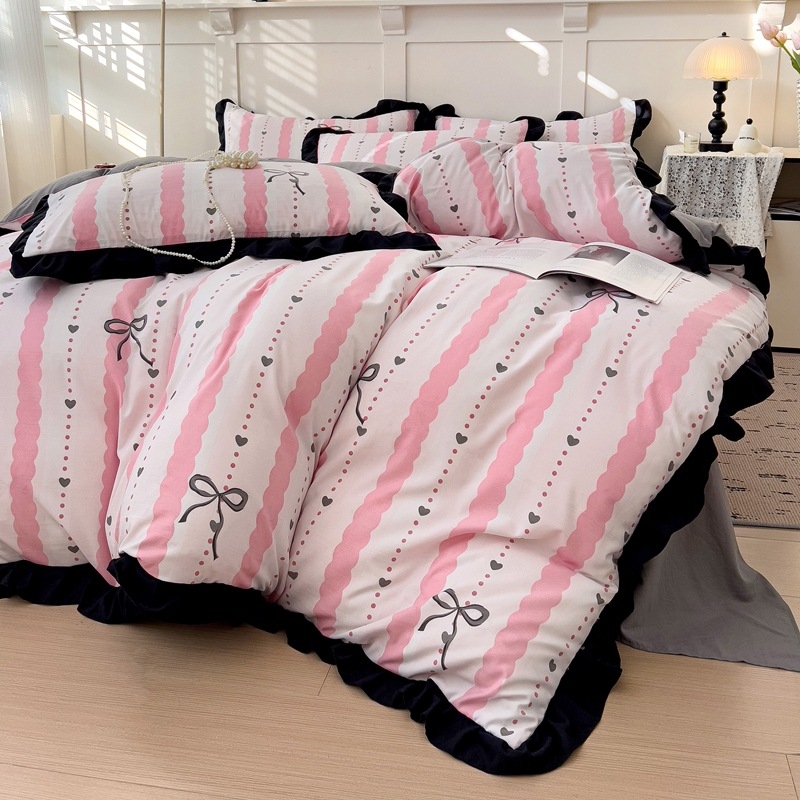 Set de pat din bumbac spălat, dantelă cu foi de lotus, stil Hepburn, imprimeu floral, stil foi franțuzesc, 800–1000 g