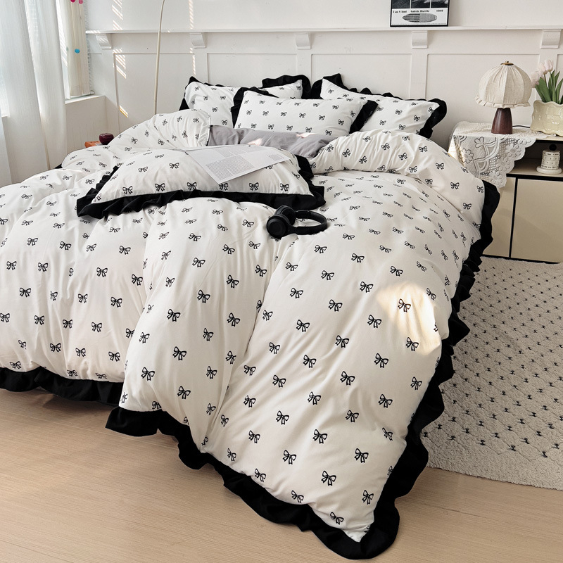 Set de pat din bumbac spălat, dantelă cu foi de lotus, stil Hepburn, imprimeu floral, stil foi franțuzesc, 800–1000 g