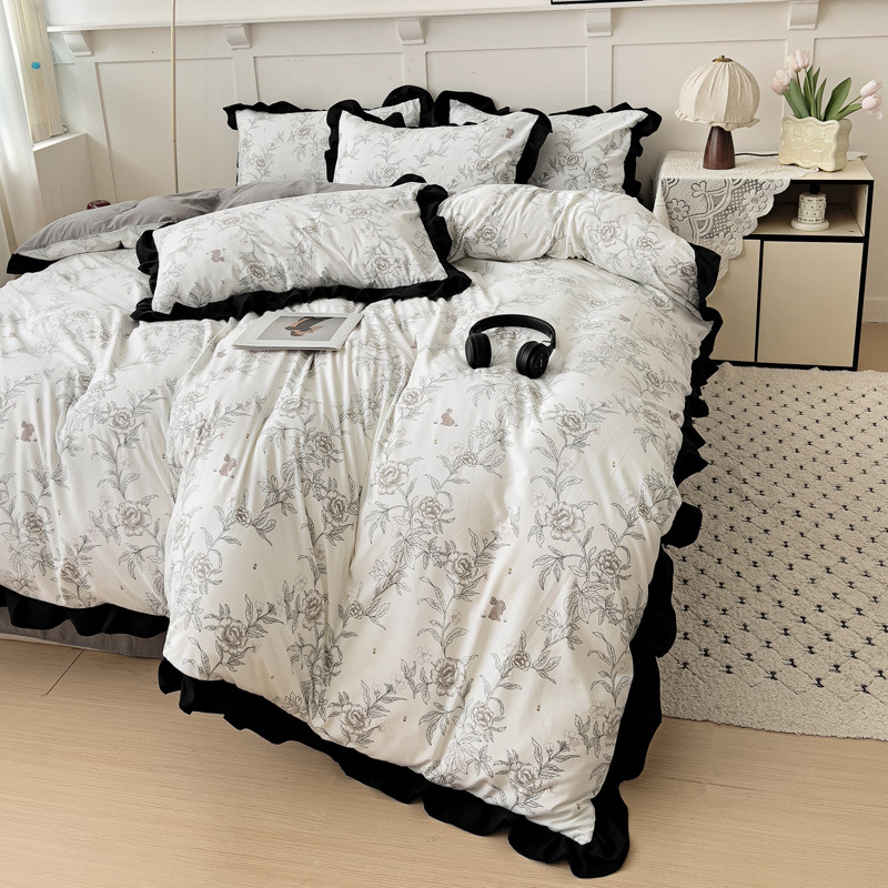 Set de pat din bumbac spălat, dantelă cu foi de lotus, stil Hepburn, imprimeu floral, stil foi franțuzesc, 800–1000 g